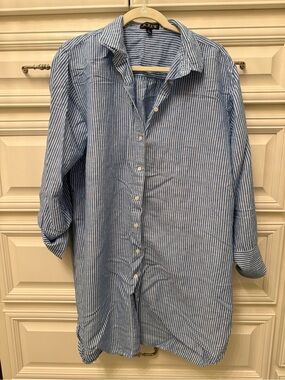 J. Crew Blue and White Striped Women’s Button-Up Linen / Cotton shirt dress